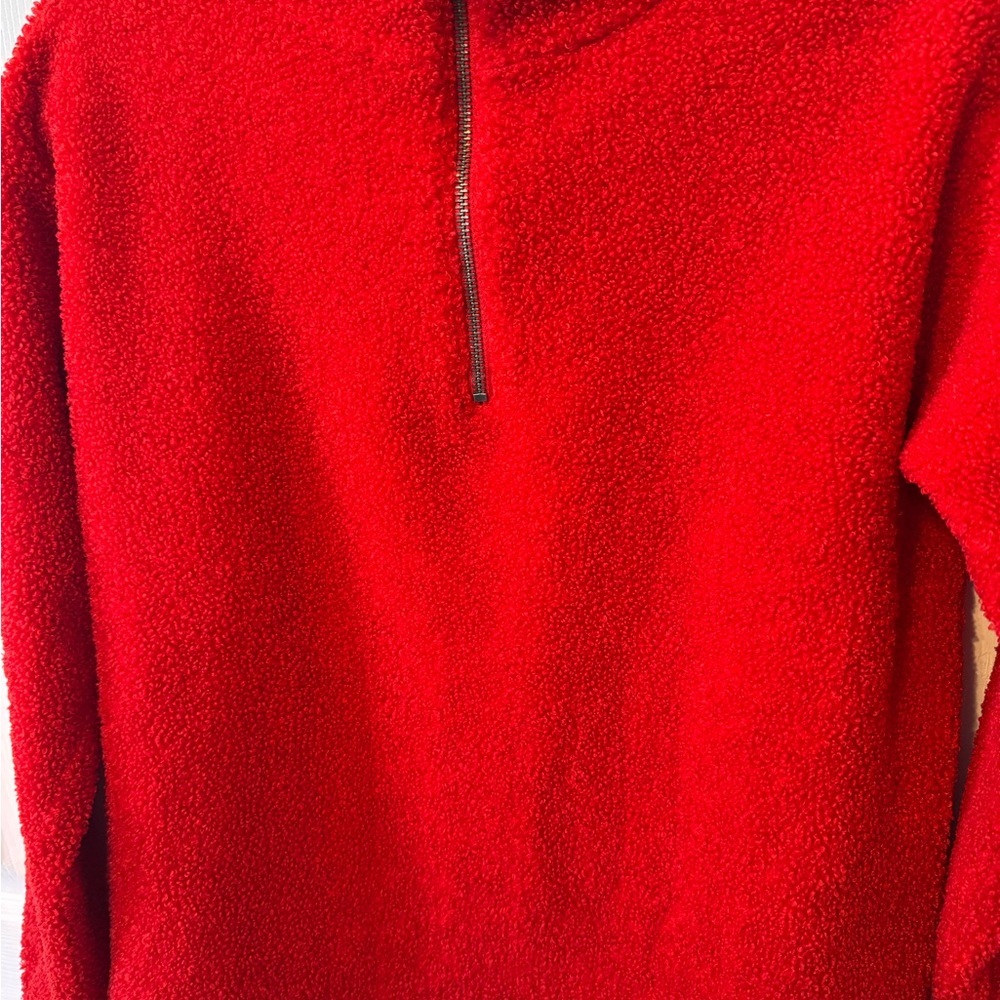 LOFT Vibrant Red Fleece Sherpa Pullover Quarter Zip Size Small Petite - Picture 5 of 12